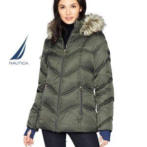 NWT $195 NAUTICA Women XS Winter Snow Puffer Jacket with Faux Fur Trim Green